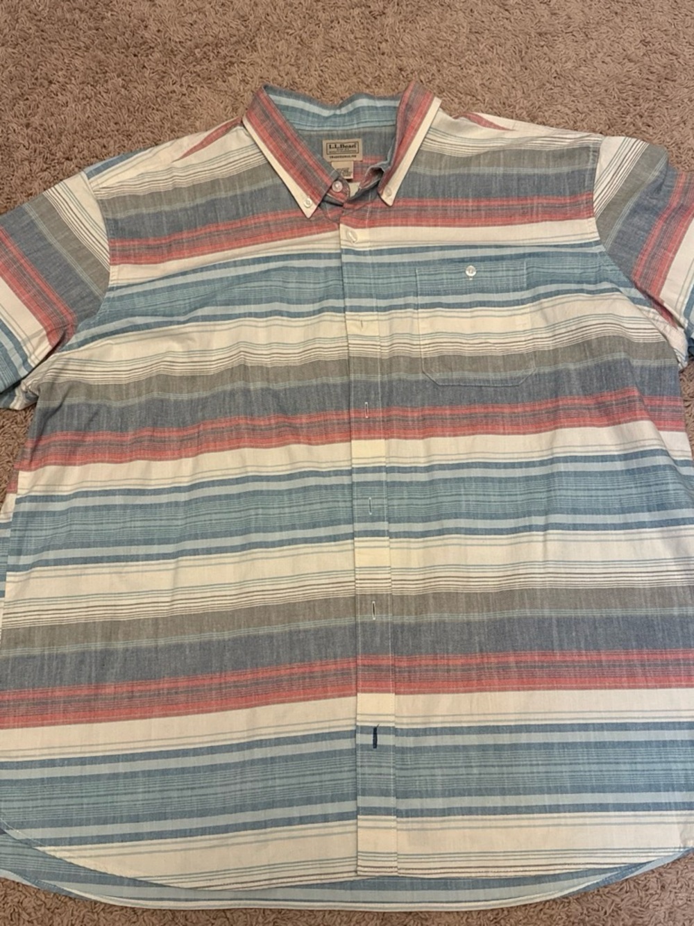 L.L. Bean Men’s Short-Sleeve Striped Button-Down Shirt in Blue, Red, Gray